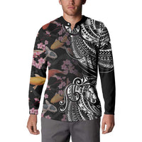 Hawaiian and Japanese Together Button Sweatshirt Polynesian Triball Tattoo Koi Carps and Sakura LT03 - Polynesian Pride