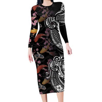 Hawaiian and Japanese Together Family Matching Long Sleeve Bodycon Dress and Hawaiian Shirt Polynesian Triball Tattoo Koi Carps and Sakura