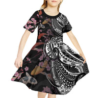Hawaiian and Japanese Together Kid Short Sleeve Dress Polynesian Triball Tattoo Koi Carps and Sakura