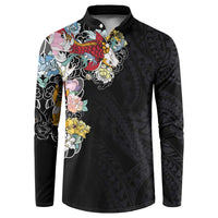 Hawaiian and Japanese Together Button Sweatshirt Colorful Traditional Japanese Tattoo and Kakau Pattern Black Color LT03 Black - Polynesian Pride