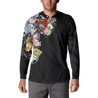 Hawaiian and Japanese Together Button Sweatshirt Colorful Traditional Japanese Tattoo and Kakau Pattern Black Color LT03 - Polynesian Pride