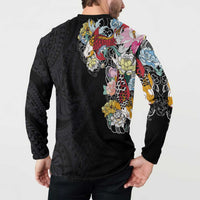 Hawaiian and Japanese Together Button Sweatshirt Colorful Traditional Japanese Tattoo and Kakau Pattern Black Color LT03 - Polynesian Pride