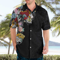 Hawaiian and Japanese Together Hawaiian Shirt Colorful Traditional Japanese Tattoo and Kakau Pattern Black Color