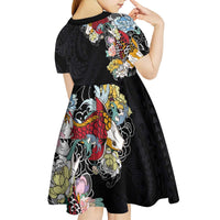 Hawaiian and Japanese Together Kid Short Sleeve Dress Colorful Traditional Japanese Tattoo and Kakau Pattern Black Color