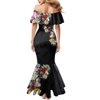 Hawaiian and Japanese Together Mermaid Dress Colorful Traditional Japanese Tattoo and Kakau Pattern Black Color