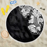 Hawaiian and Japanese Together Beach Blanket Japanese Koi Fish Tattoo and Kakau Pattern Black Color LT03 One Size 150cm Black - Polynesian Pride