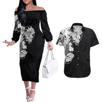 Hawaiian and Japanese Together Couples Matching Off The Shoulder Long Sleeve Dress and Hawaiian Shirt Japanese Koi Fish Tattoo and Kakau Pattern Black Color LT03 Black - Polynesian Pride