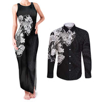 Hawaiian and Japanese Together Couples Matching Tank Maxi Dress and Long Sleeve Button Shirt Japanese Koi Fish Tattoo and Kakau Pattern Black Color LT03 Black - Polynesian Pride