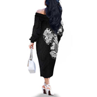 Hawaiian and Japanese Together Family Matching Off The Shoulder Long Sleeve Dress and Hawaiian Shirt Japanese Koi Fish Tattoo and Kakau Pattern Black Color