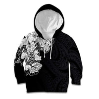 Hawaiian and Japanese Together Kid Hoodie Japanese Koi Fish Tattoo and Kakau Pattern Black Color