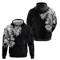 Hawaiian and Japanese Together Zip Hoodie Japanese Koi Fish Tattoo and Kakau Pattern Black Color