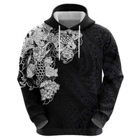 Hawaiian and Japanese Together Zip Hoodie Japanese Koi Fish Tattoo and Kakau Pattern Black Color