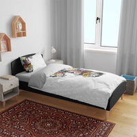 Hawaiian and Japanese Together Bedding Set Colorful Traditional Japanese Tattoo and Kakau Pattern White Color