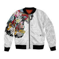Hawaiian and Japanese Together Bomber Jacket Colorful Traditional Japanese Tattoo and Kakau Pattern White Color
