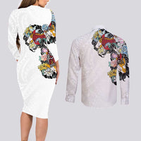 Hawaiian and Japanese Together Couples Matching Long Sleeve Bodycon Dress and Long Sleeve Button Shirt Colorful Traditional Japanese Tattoo and Kakau Pattern White Color LT03 - Polynesian Pride