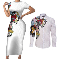 Hawaiian and Japanese Together Couples Matching Short Sleeve Bodycon Dress and Long Sleeve Button Shirt Colorful Traditional Japanese Tattoo and Kakau Pattern White Color LT03 White - Polynesian Pride