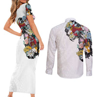 Hawaiian and Japanese Together Couples Matching Short Sleeve Bodycon Dress and Long Sleeve Button Shirt Colorful Traditional Japanese Tattoo and Kakau Pattern White Color LT03 - Polynesian Pride