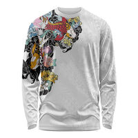 Hawaiian and Japanese Together Long Sleeve Shirt Colorful Traditional Japanese Tattoo and Kakau Pattern White Color