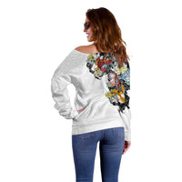 Hawaiian and Japanese Together Off Shoulder Sweater Colorful Traditional Japanese Tattoo and Kakau Pattern White Color