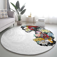 Hawaiian and Japanese Together Round Carpet Colorful Traditional Japanese Tattoo and Kakau Pattern White Color