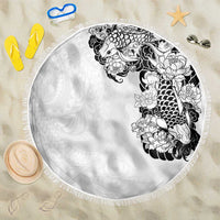 Hawaiian and Japanese Together Beach Blanket Japanese Koi Fish Tattoo and Kakau Pattern White Color LT03 One Size 150cm White - Polynesian Pride