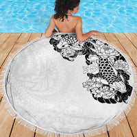 Hawaiian and Japanese Together Beach Blanket Japanese Koi Fish Tattoo and Kakau Pattern White Color LT03 - Polynesian Pride