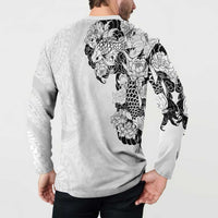 Hawaiian and Japanese Together Button Sweatshirt Japanese Koi Fish Tattoo and Kakau Pattern White Color LT03 - Polynesian Pride