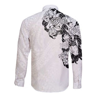 Hawaiian and Japanese Together Long Sleeve Button Shirt Japanese Koi Fish Tattoo and Kakau Pattern White Color