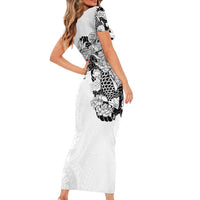 Hawaiian and Japanese Together Short Sleeve Bodycon Dress Japanese Koi Fish Tattoo and Kakau Pattern White Color