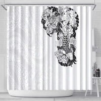Hawaiian and Japanese Together Shower Curtain Japanese Koi Fish Tattoo and Kakau Pattern White Color