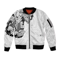 Hawaiian and Japanese Together Sleeve Zip Bomber Jacket Japanese Koi Fish Tattoo and Kakau Pattern White Color