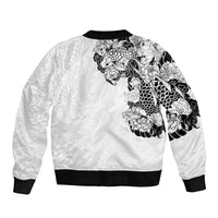 Hawaiian and Japanese Together Sleeve Zip Bomber Jacket Japanese Koi Fish Tattoo and Kakau Pattern White Color