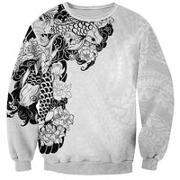 Hawaiian and Japanese Together Sweatshirt Japanese Koi Fish Tattoo and Kakau Pattern White Color LT03 Unisex White - Polynesian Pride