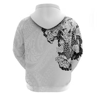 Hawaiian and Japanese Together Zip Hoodie Japanese Koi Fish Tattoo and Kakau Pattern White Color