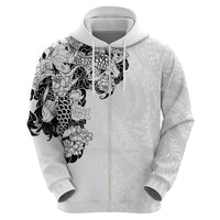 Hawaiian and Japanese Together Zip Hoodie Japanese Koi Fish Tattoo and Kakau Pattern White Color