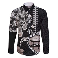 Hawaiian and Japanese Together Family Matching Off The Shoulder Long Sleeve Dress and Hawaiian Shirt Japanese Culture and Turtle Kakau Tattoo Black Color