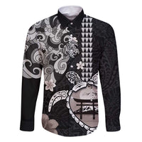 Hawaiian and Japanese Together Family Matching Off Shoulder Maxi Dress and Hawaiian Shirt Japanese Culture and Turtle Kakau Tattoo Black Color