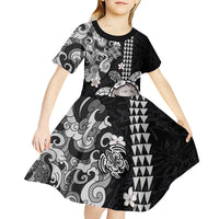 Hawaiian and Japanese Together Kid Short Sleeve Dress Japanese Culture and Turtle Kakau Tattoo Black Color