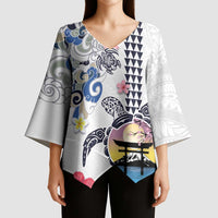 Hawaiian and Japanese Together Kimono Sleeve Blouse Japanese Culture and Turtle Kakau Tattoo White Color - Polynesian Pride