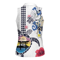 Hawaiian and Japanese Together Women Sleeveless Polo Shirt Japanese Culture and Turtle Kakau Tattoo White Color
