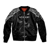 New Zealand Rugby Custom Sleeve Zip Bomber Jacket Aotearoa Armour Blacks Silver Ferns - Polynesian Pride