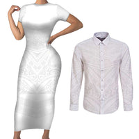 Tonga White Sunday Couples Matching Short Sleeve Bodycon Dress and Long Sleeve Button Shirt Tongan Tribal Heritage Tattoos - Polynesian Pride
