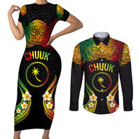 Personalised Chuuk Independence Day Couples Matching Short Sleeve Bodycon Dress and Long Sleeve Button Shirt Polynesian Tattoo and Plumeria Reggae Color