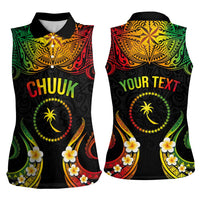 Personalised Chuuk Independence Day Women Sleeveless Polo Shirt Polynesian Tattoo and Plumeria Reggae Color