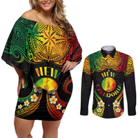 Personalised New Caledonia Independence Day Couples Matching Off Shoulder Short Dress and Long Sleeve Button Shirt Polynesian Tattoo and Plumeria Reggae Color