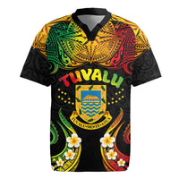 Personalised Tuvalu Independence Day Rugby Jersey Polynesian Tattoo and Plumeria Reggae Color