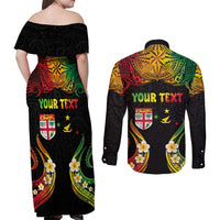 Personalised Malampa Fiji Day Couples Matching Off Shoulder Maxi Dress and Long Sleeve Button Shirt Polynesian Tattoo and Plumeria Reggae Color