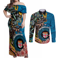 Fiji and Australia Kangaroos Couples Matching Off Shoulder Maxi Dress and Long Sleeve Button Shirt Indigenous Aboriginal and Fijian Masi Tribal Tattoo