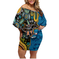 Fiji and Australia Kangaroos Family Matching Off Shoulder Short Dress and Hawaiian Shirt Indigenous Aboriginal and Fijian Masi Tribal Tattoo