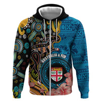 Fiji and Australia Kangaroos Hoodie Indigenous Aboriginal and Fijian Masi Tribal Tattoo LT03 Zip Hoodie Blue - Polynesian Pride